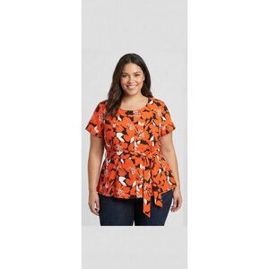 Lane Bryant Illusion Top Size 18 Plus Orange Floral Peplum Tie Waist Stretch NWT